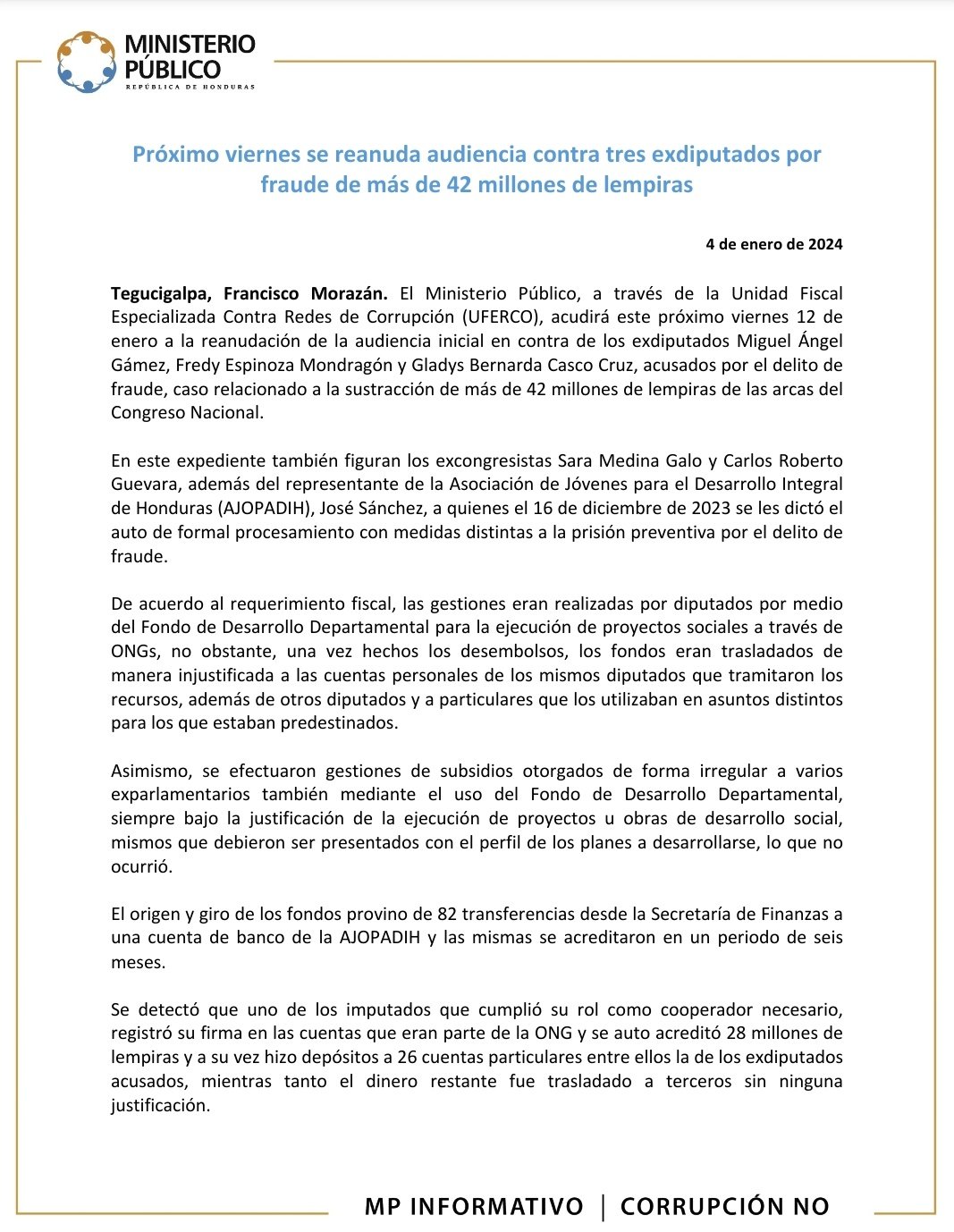 Próximo viernes se reanuda audiencia contra tres exdiputados por fraude de más de 42 millones de lempiras
