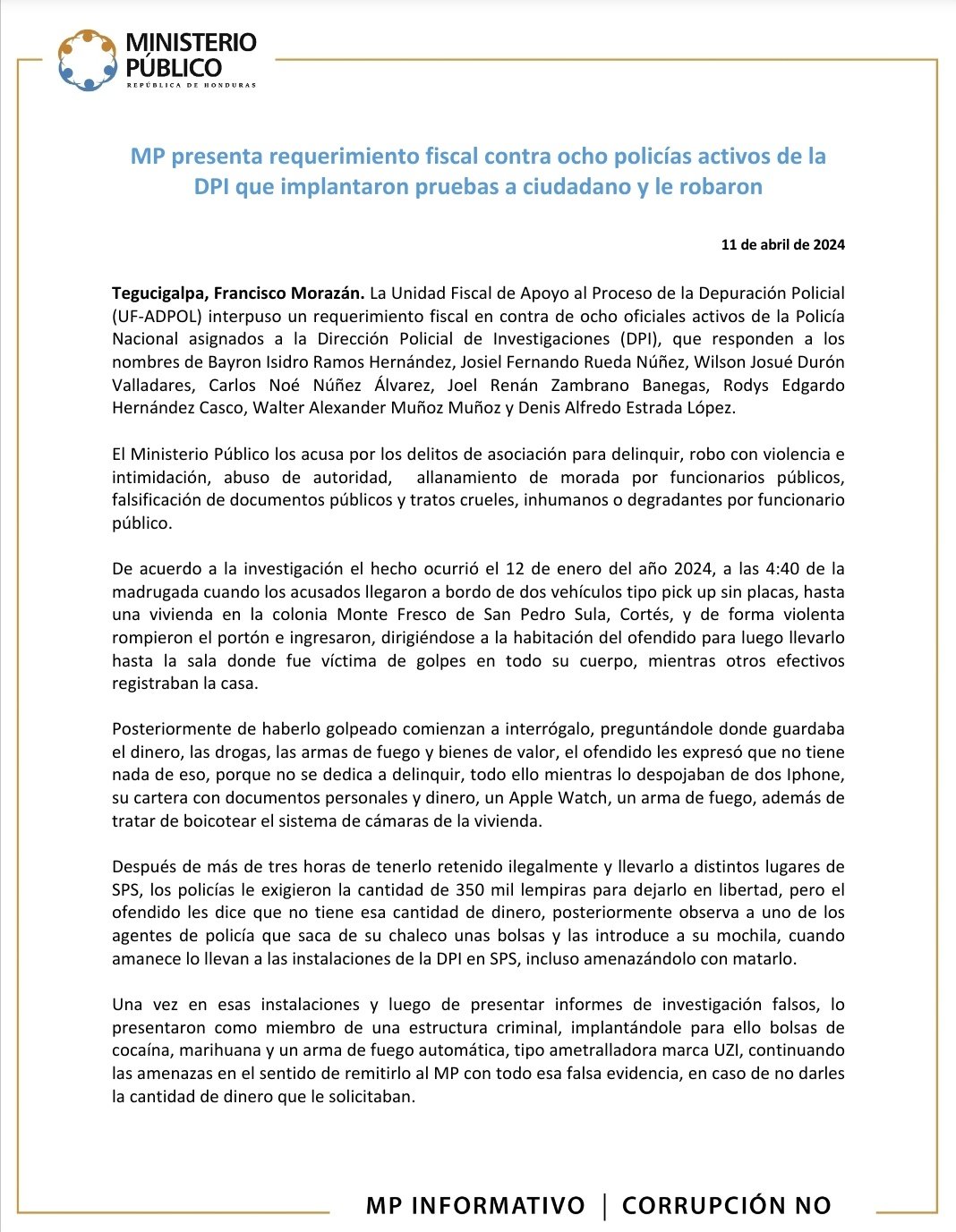 MP presenta requerimiento fiscal contra ocho policías activos de la DPI que implantaron pruebas a ciudadano y le robaron