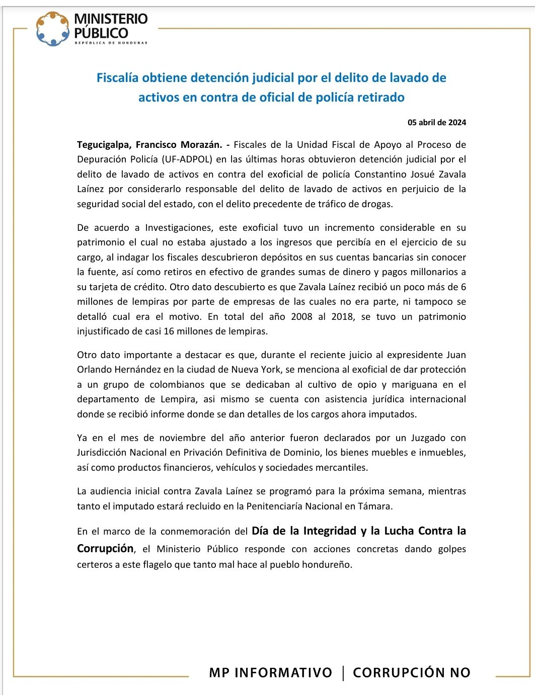 Fiscalía obtiene detención judicial por el delito de lavado de activos en contra de oficial de policía retirado