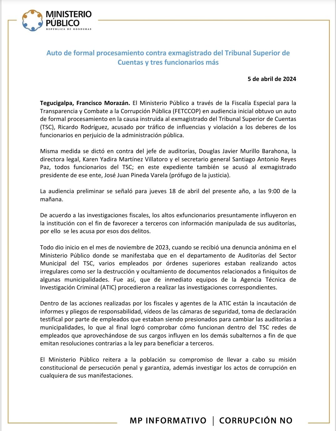 Auto de formal procesamiento contra exmagistrado del Tribunal Superior de Cuentas y tres funcionarios más