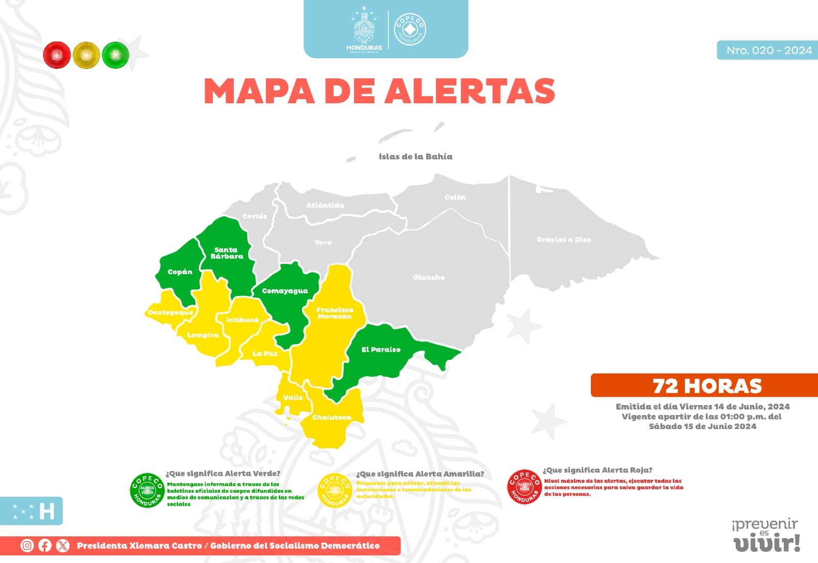 Suben a Alerta Amarilla a siete departamentos del país y continúan en Verde otros cuatro
