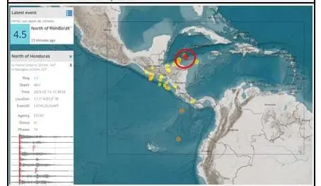 COPECO registra sismo de magnitud 4.5 en el noreste de Honduras esta madrugada