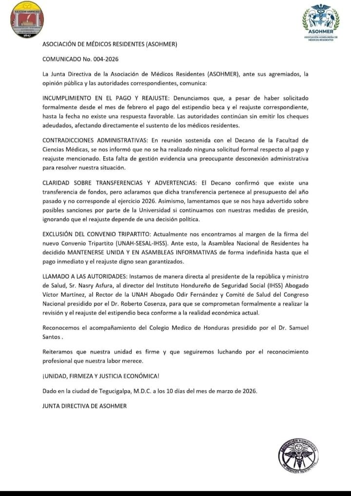 Médicos residentes denuncian incumplimiento en pago de estipendios y anuncian asambleas informativas indefinidas