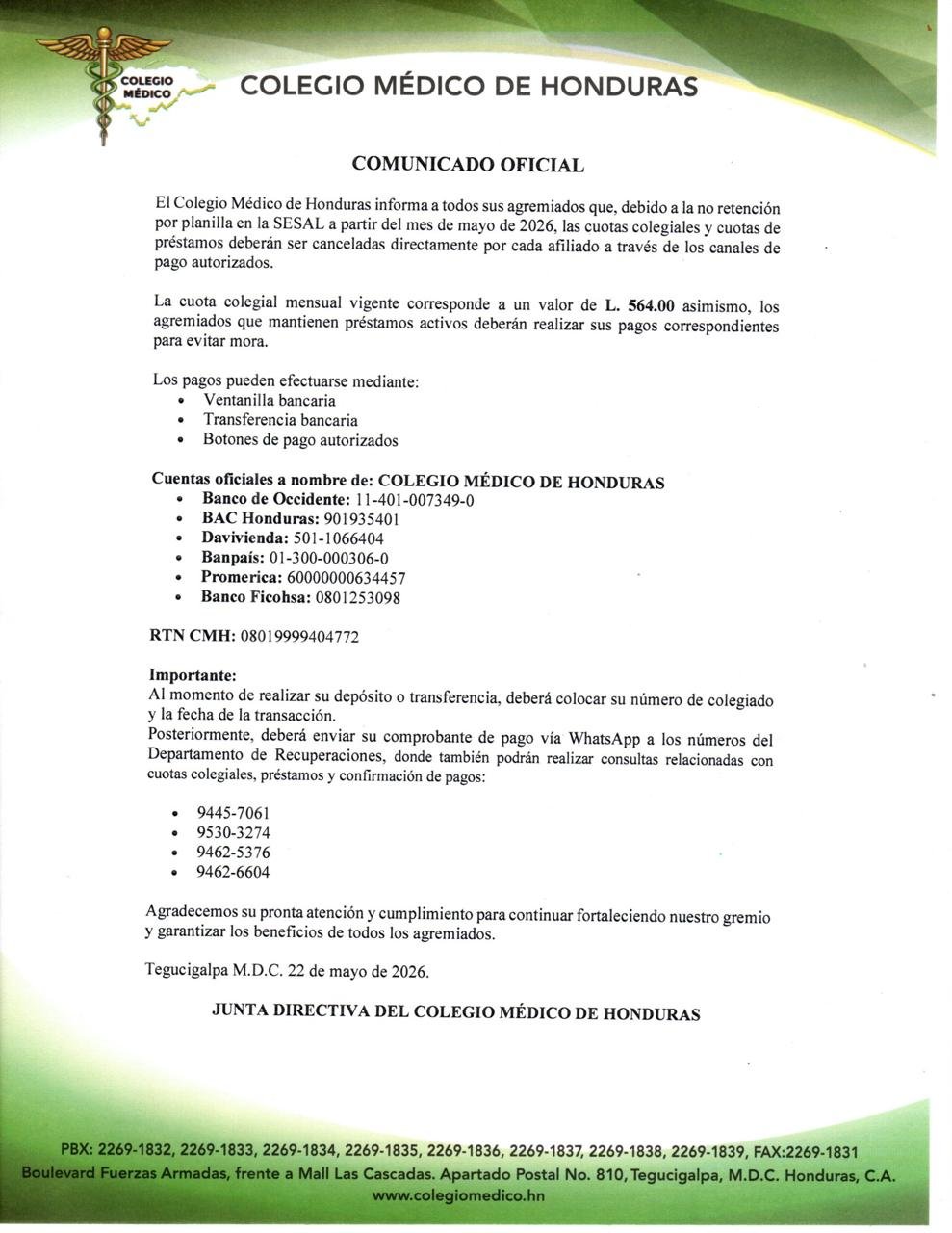 Colegio Médico de Honduras modifica sistema de pago para sus agremiados