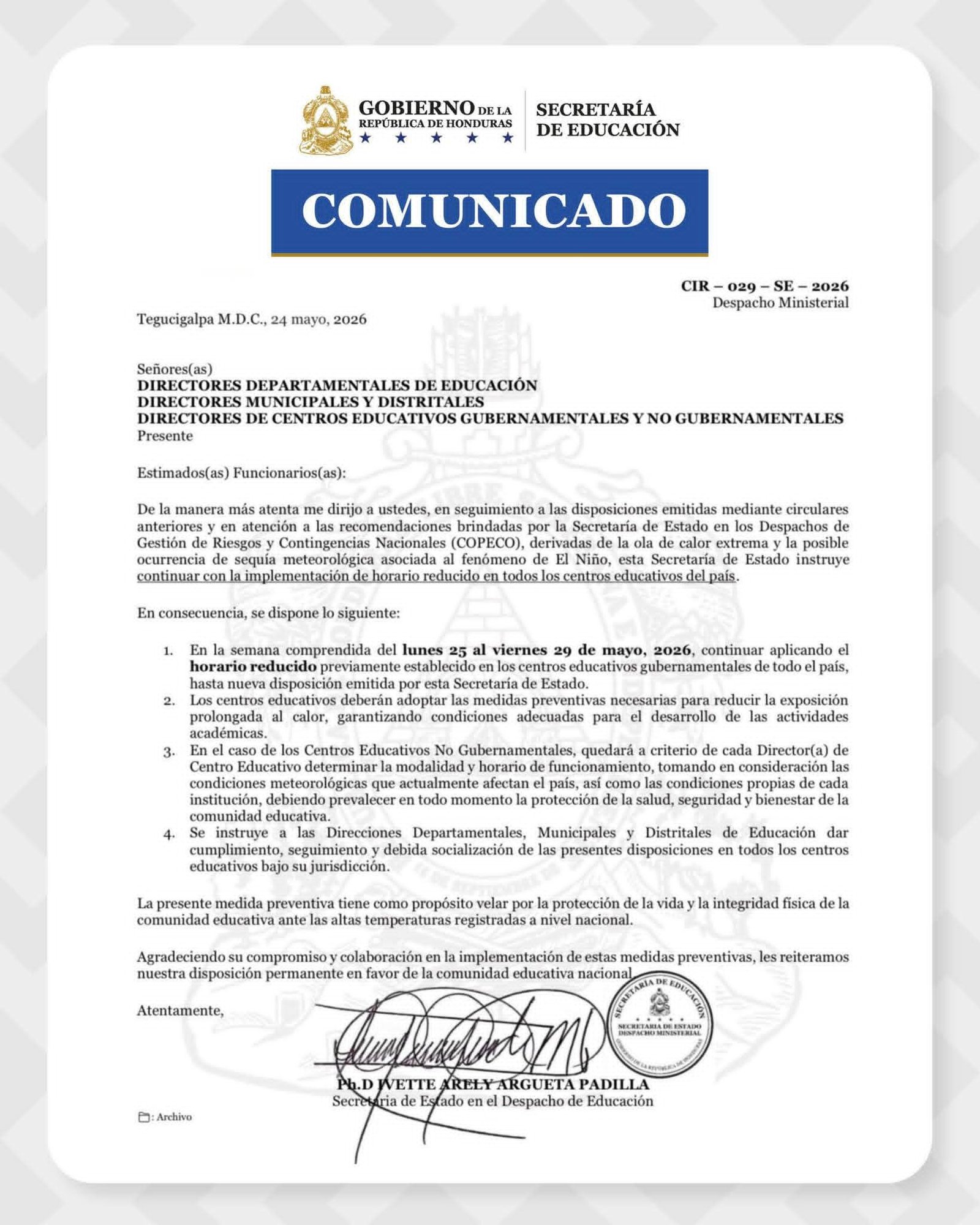 Educación mantiene horario reducido en centros educativos por ola de calor en Honduras