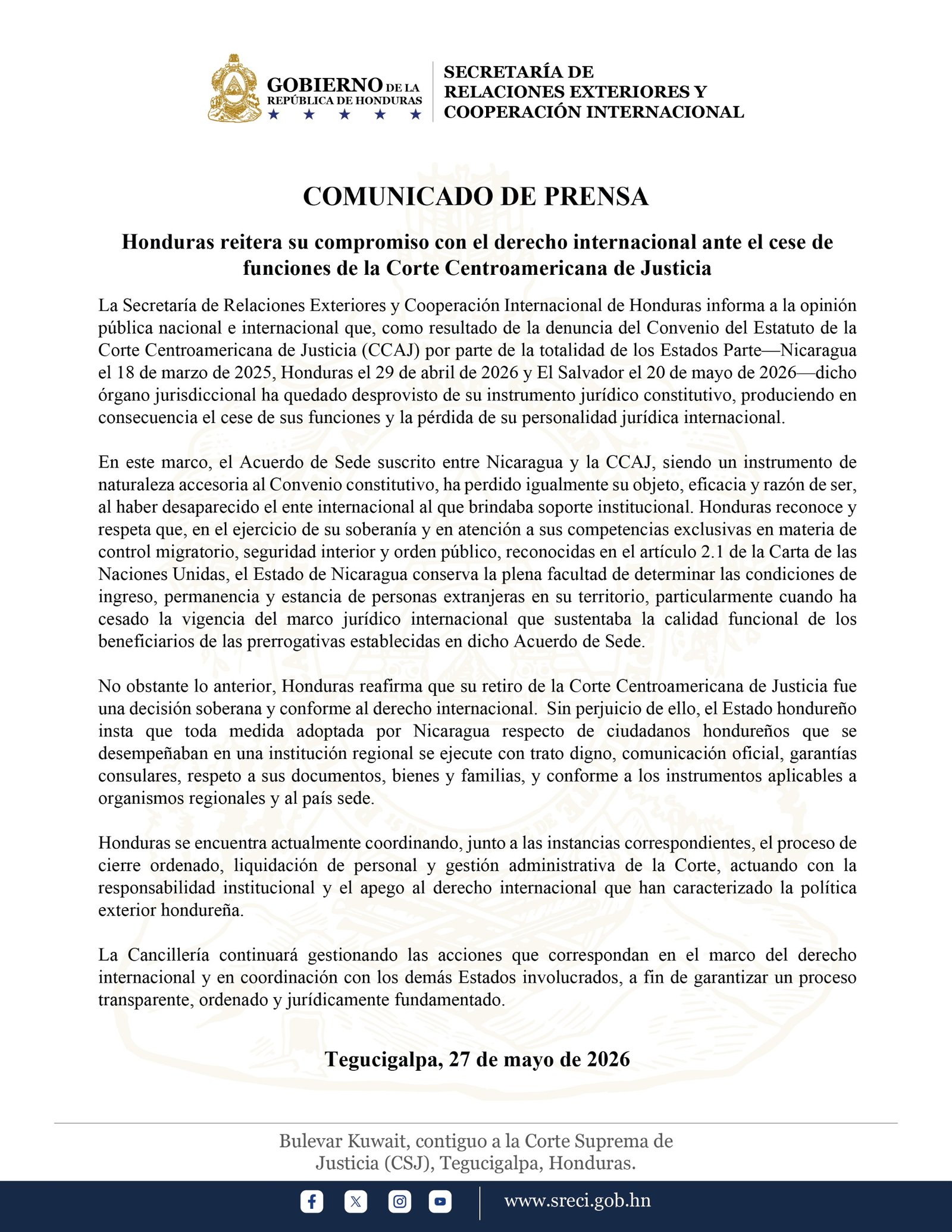 Honduras oficializa salida y cierre de la Corte Centroamericana de Justicia