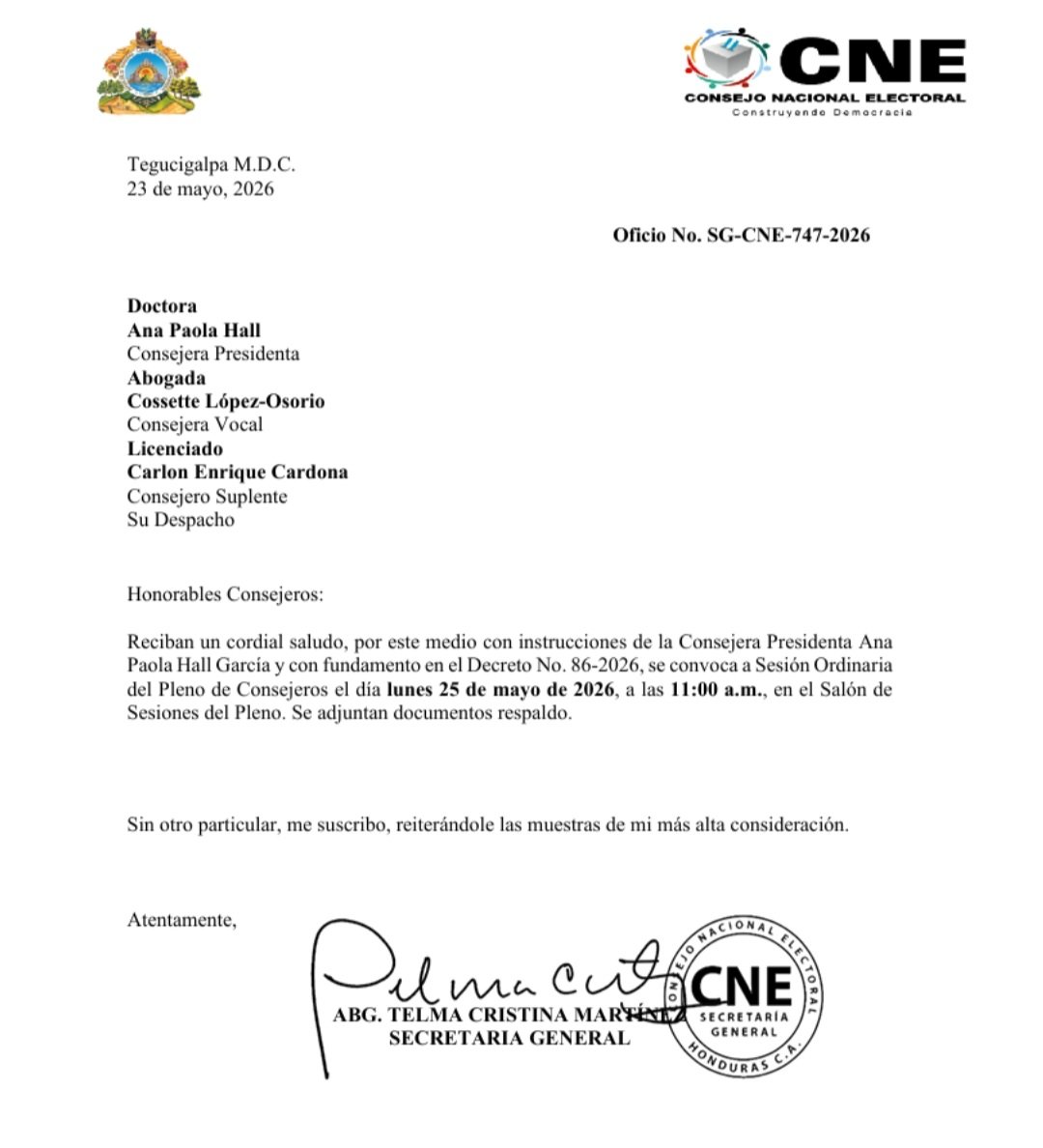 CNE convoca sesión ordinaria del pleno para este lunes 25 de mayo