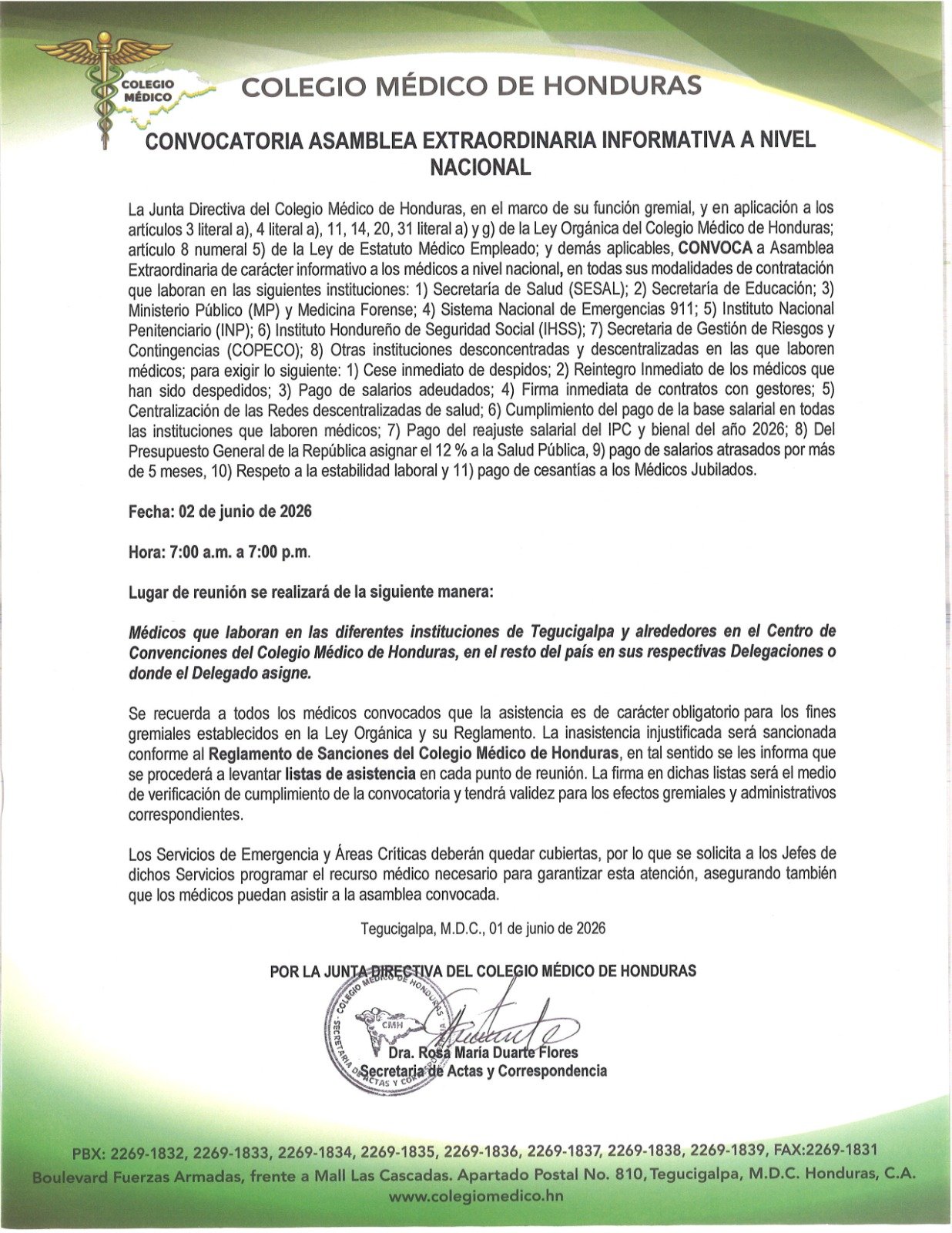 Colegio Médico convoca nuevamente a asamblea nacional para exigir cumplimiento de demandas laborales