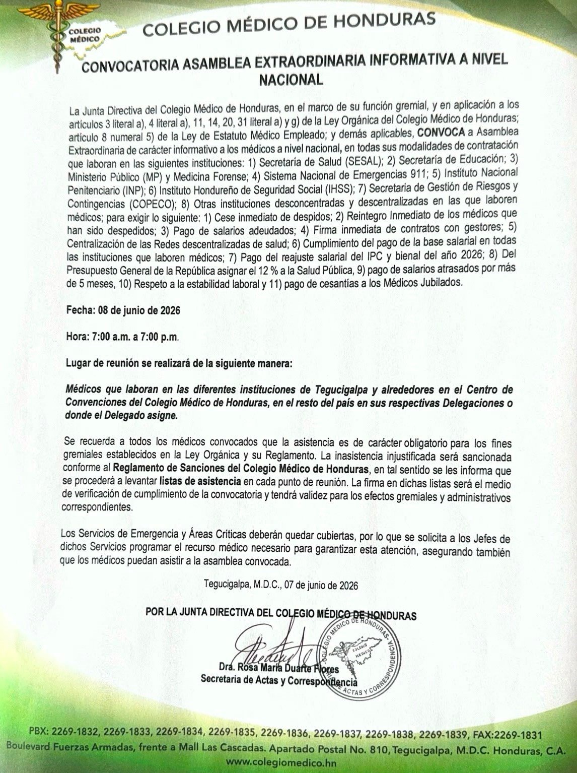 Asambleas informativas del gremio médico seguirán en hospitales y centros de trabajo
