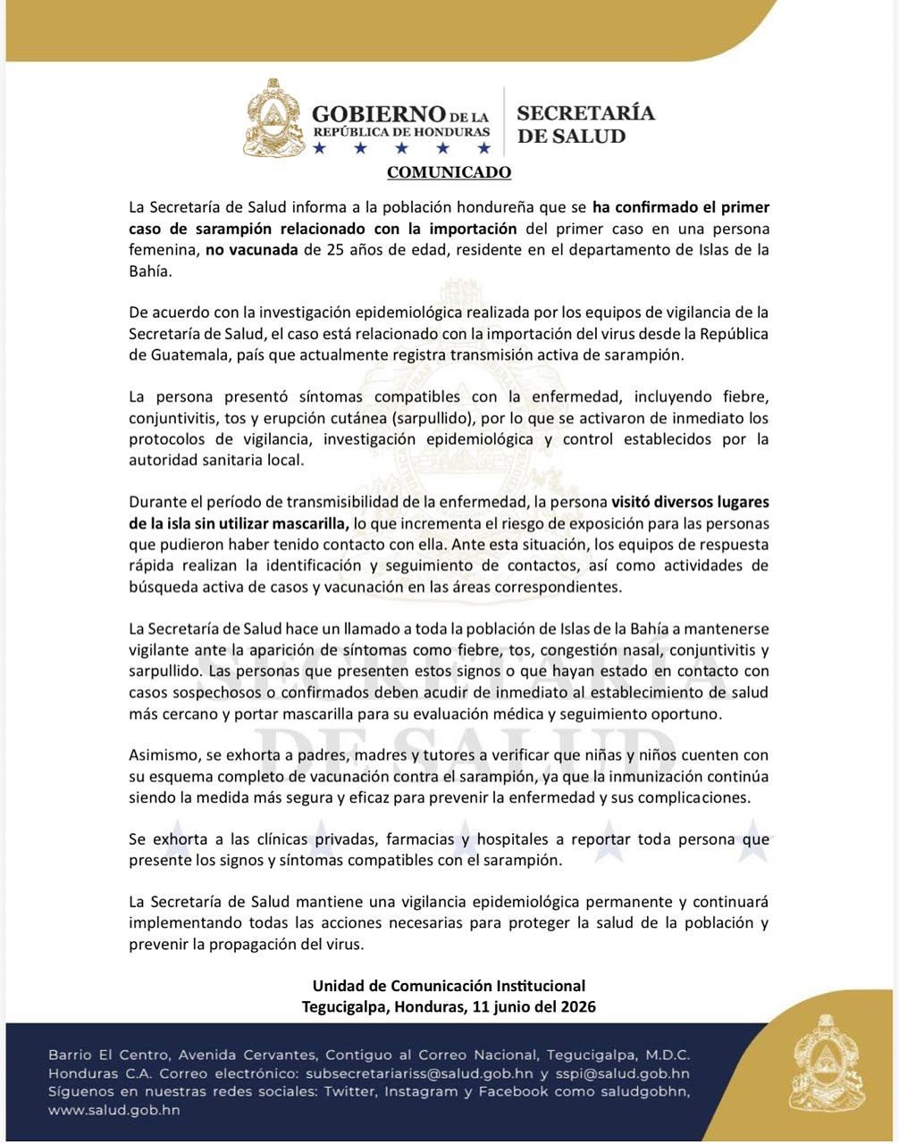Secretaría de Salud confirma primer caso importado de sarampión en Islas de la Bahía