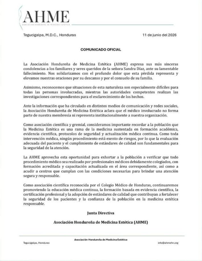 AHME aclara que médico vinculado al caso de Sandra Díaz no pertenece a su membresía