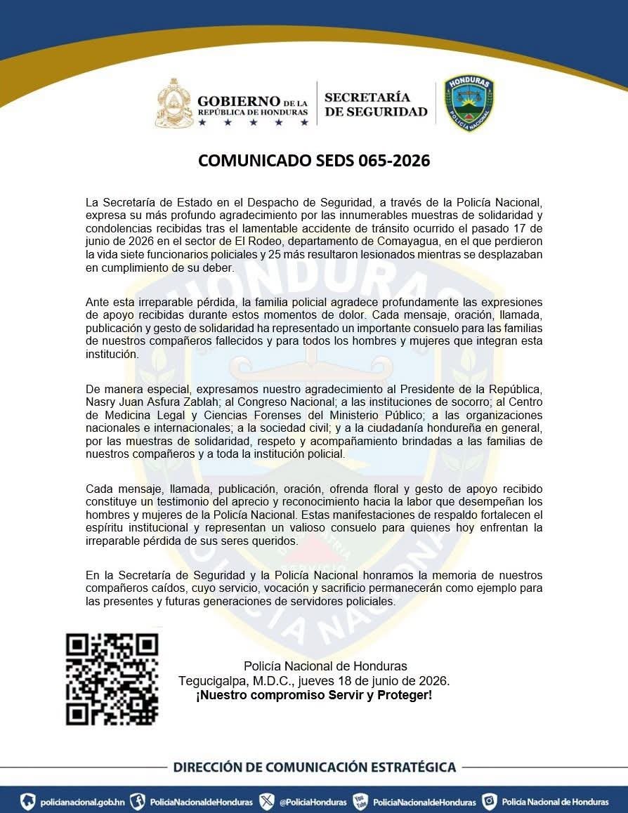 Policía Nacional agradece muestras de solidaridad tras muerte de siete agentes en accidente