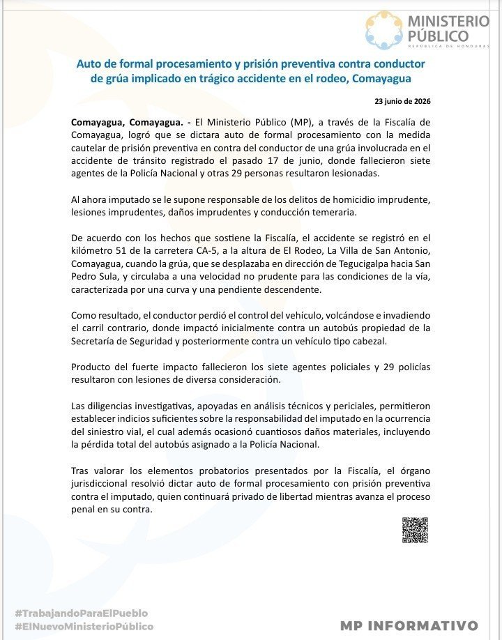 Dictan prisión preventiva contra conductor de grúa acusado por accidente donde murieron siete policías