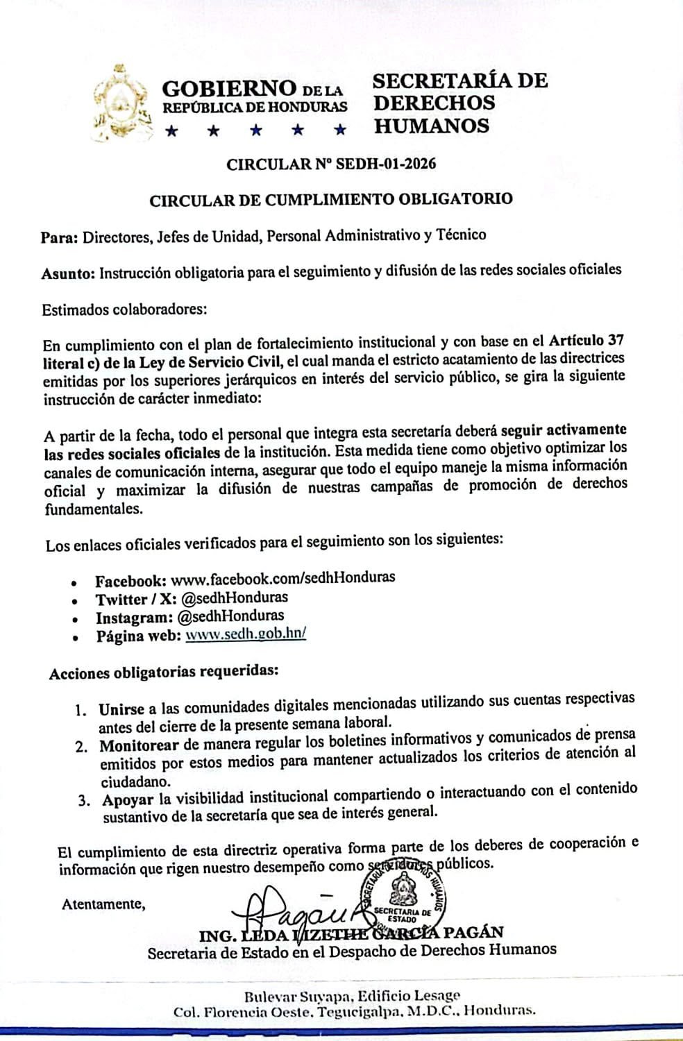 SEDH ordena a empleados seguir e interactuar con redes sociales oficiales de la institución