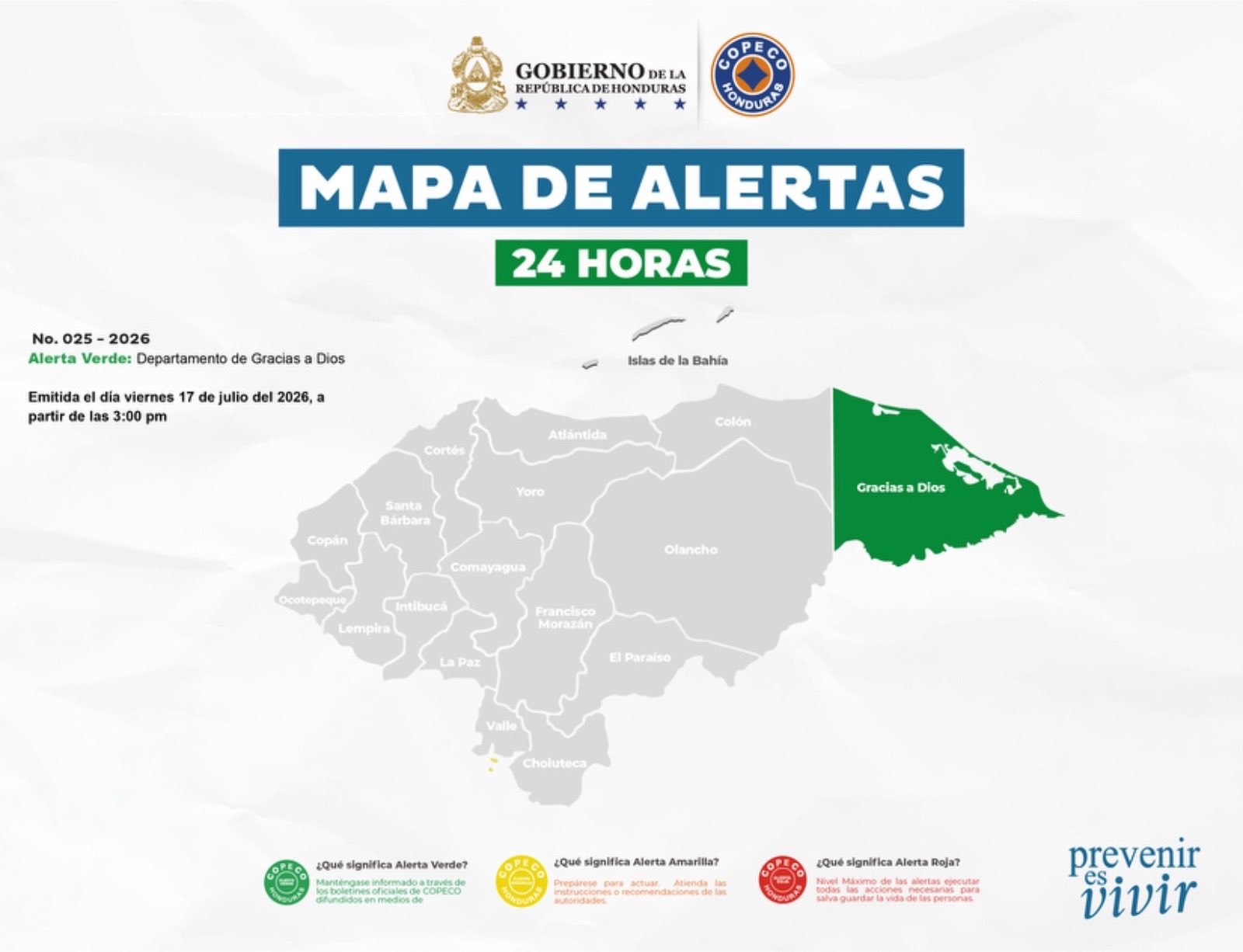 COPECO llama a la prevención tras mantener Alerta Verde en Gracias a Dios