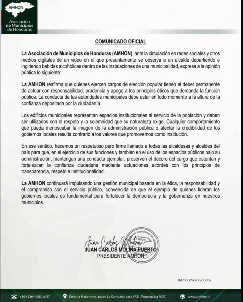 AMHON pide a alcaldes mantener conducta ética tras video de edil de Yuscarán